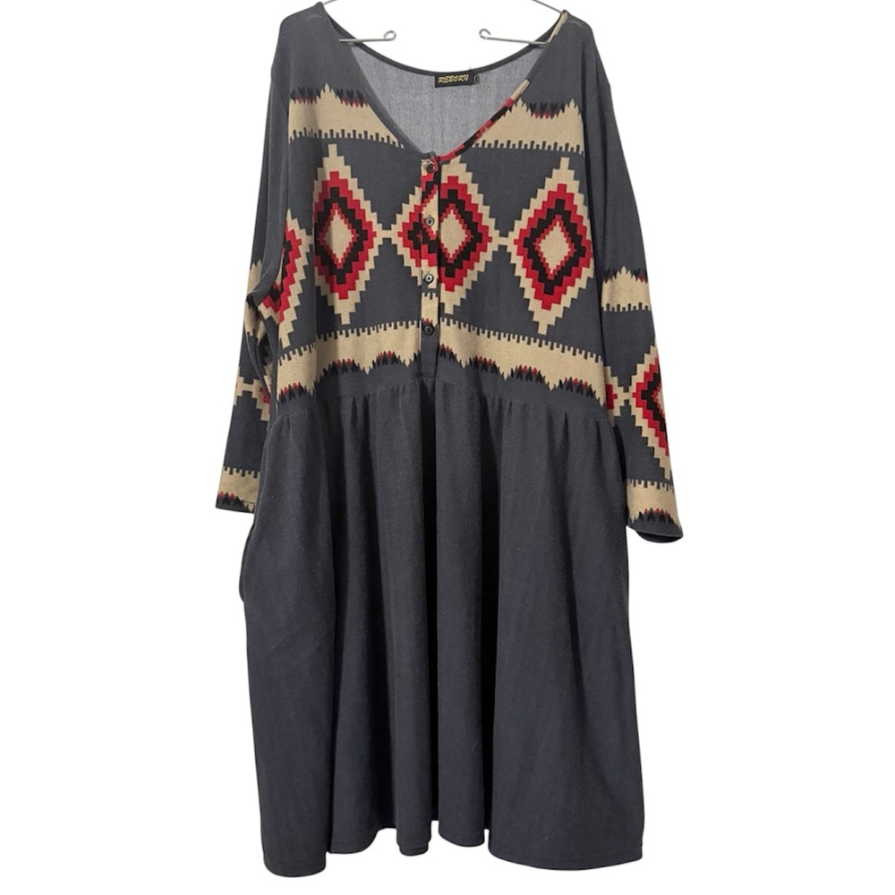 Reborn Southwestern Boho Knee Length Dress Sz 2XL Geometric Print Pockets Flowy
